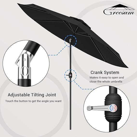 Greesum 9FT Patio Umbrella with Push Button Tilt and Crank, Outdoor Table Umbrella with 8 Sturdy Ribs, Market Table Parasol for Garden, Lawn, Backyard & Pool, Without Base, Black