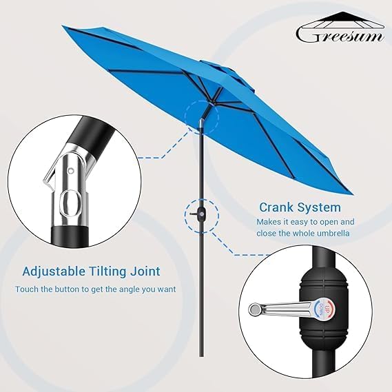 Greesum 9FT Patio Umbrella with Push Button Tilt and Crank, Outdoor Table Umbrella with 8 Sturdy Ribs, Market Table Parasol for Garden, Lawn, Backyard & Pool, Without Base, Light Blue