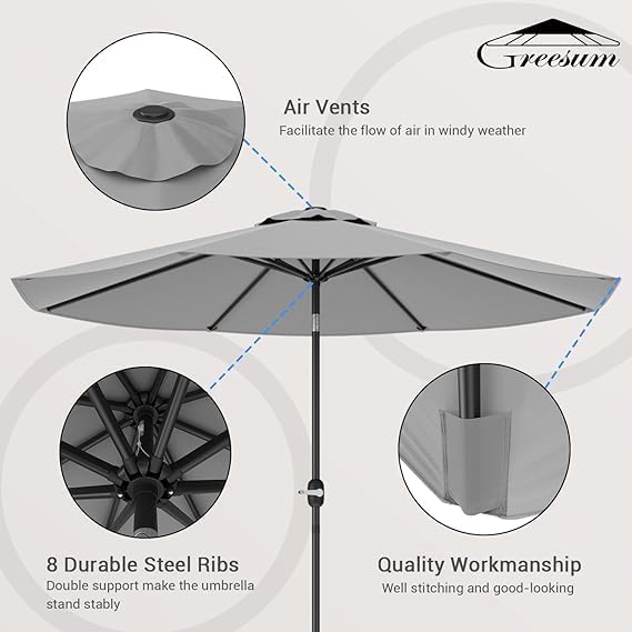 Greesum 9FT Patio Umbrella with Push Button Tilt and Crank, Outdoor Table Umbrella with 8 Sturdy Ribs, Market Table Parasol for Garden, Lawn, Backyard & Pool, Without Base, Gray