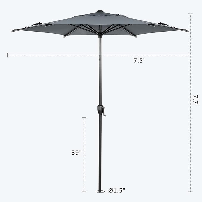 Abba Patio 7.5FT Lyon Outdoor Patio Umbrella Outdoor Table Umbrella with Push Button Tilt and Crank Market Umbrella 6 Sturdy Ribs UV Protection Waterproof for Garden Deck Backyard Pool Grey