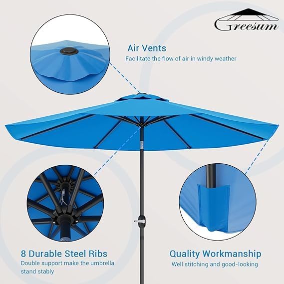 Greesum 9FT Patio Umbrella with Push Button Tilt and Crank, Outdoor Table Umbrella with 8 Sturdy Ribs, Market Table Parasol for Garden, Lawn, Backyard & Pool, Without Base, Light Blue