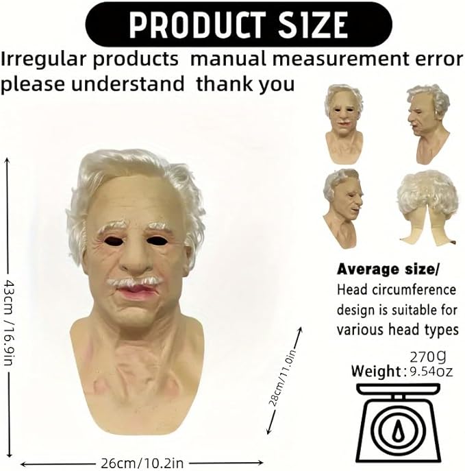 Halloween Realistic Old Man Mask Adlut -Latex Human Old Person Men Full Head Mask Costume
