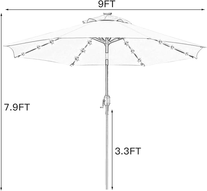 Sunnyglade 9' Solar LED Lighted Umbrella with 8 Ribs Adjustment and Crank Lift System for Patio (Grey)