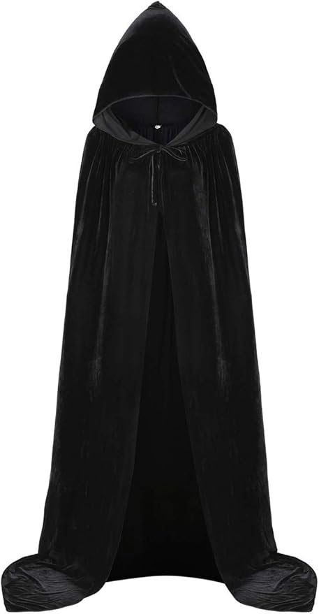 Unisex Adult Black Witch Cape Full Length Hooded Robe Cloak Halloween Dress Up Parties
