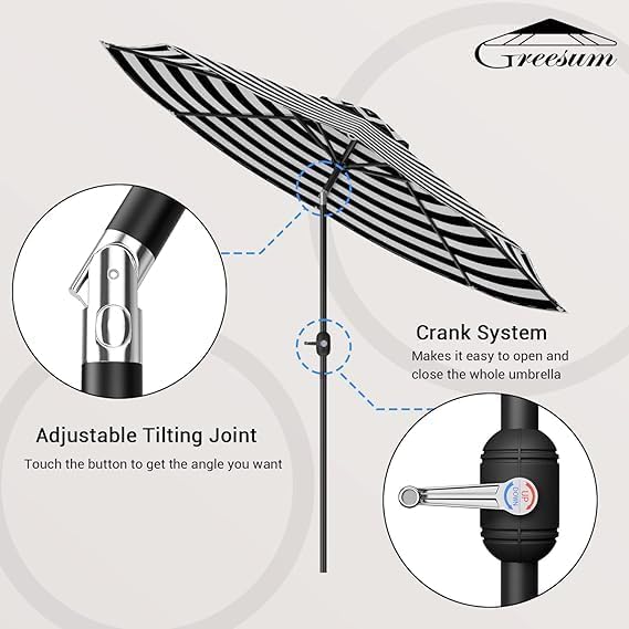 Greesum 9FT Patio Umbrella with Push Button Tilt and Crank, Outdoor Table Umbrella with 8 Sturdy Ribs, Market Table Parasol for Garden, Lawn, Backyard & Pool, Without Base, Black and White