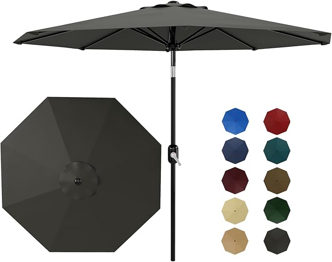9Ft Patio Umbrella - 8 Sturdy Ribs Outdoor Table Umbrella with Crank Lift & Push Button Tilt - Market Umbrella for Pool, Deck, Yard, Garden - Gray