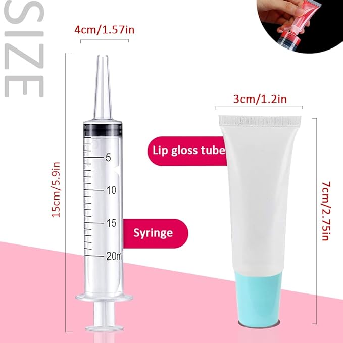 AMORIX 50PCS Lip Gloss Tubes 5ml Blue Cap Lip Gloss Containers Empty Lip Balm Tubes Refillable Squeeze Lipgloss Tubes + 2 x 20ml Syringes Tag Labels for DIY Lip Gloss Glitter