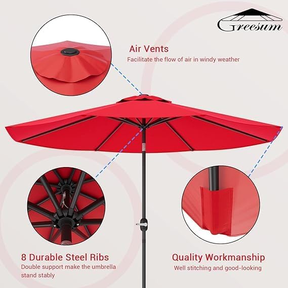 Greesum 9FT Patio Umbrella with Push Button Tilt and Crank, Outdoor Table Umbrella with 8 Sturdy Ribs, Market Table Parasol for Garden, Lawn, Backyard & Pool, Without Base, Red