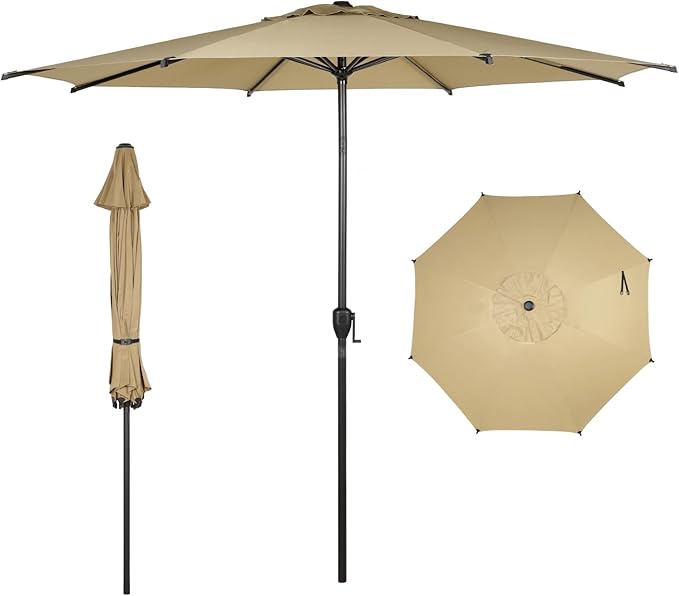 Abba Patio 9FT Lyon Outdoor Patio Umbrella Outdoor Table Umbrella with Push Button Tilt and Crank Market Umbrella 8 Sturdy Ribs UV Protection Waterproof for Garden Deck Backyard Pool Tan