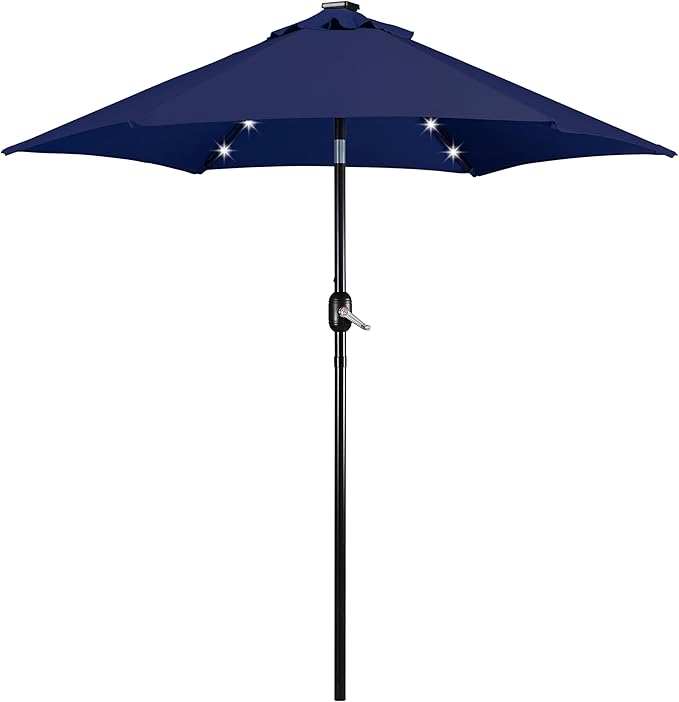 Yaheetech 7.5FT Solar Powered Patio Umbrella - UV Protection Market Table Umbrella w/18 LED Lights & Push Button Tilt & Crank Lift System for Garden/Lawn/Deck/Backyard/Pool, Navy Blue