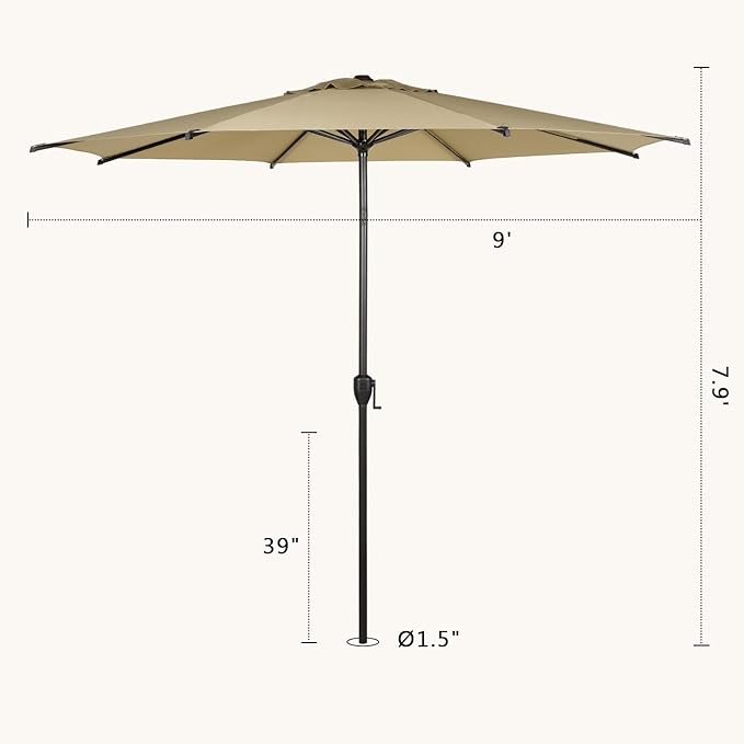 Abba Patio 9FT Lyon Outdoor Patio Umbrella Outdoor Table Umbrella with Push Button Tilt and Crank Market Umbrella 8 Sturdy Ribs UV Protection Waterproof for Garden Deck Backyard Pool Tan