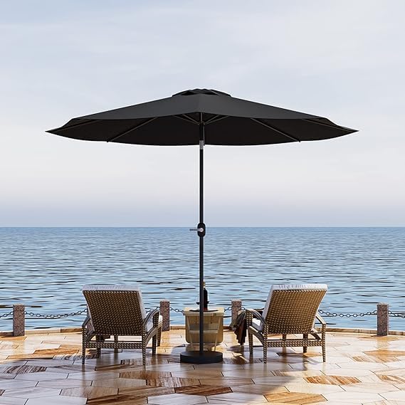 Greesum 9FT Patio Umbrella with Push Button Tilt and Crank, Outdoor Table Umbrella with 8 Sturdy Ribs, Market Table Parasol for Garden, Lawn, Backyard & Pool, Without Base, Black