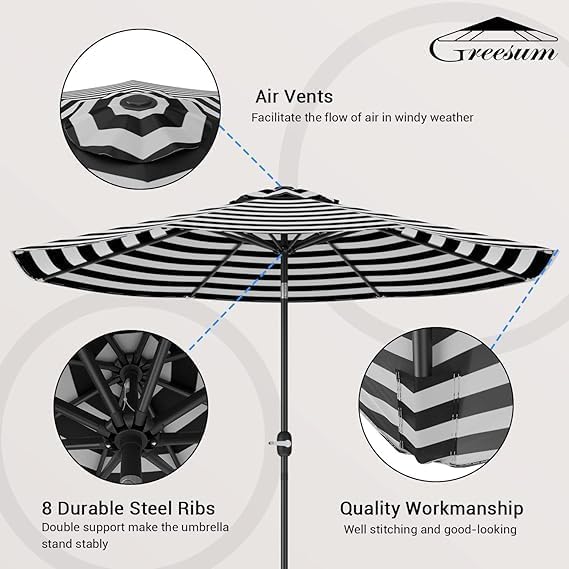 Greesum 9FT Patio Umbrella with Push Button Tilt and Crank, Outdoor Table Umbrella with 8 Sturdy Ribs, Market Table Parasol for Garden, Lawn, Backyard & Pool, Without Base, Black and White