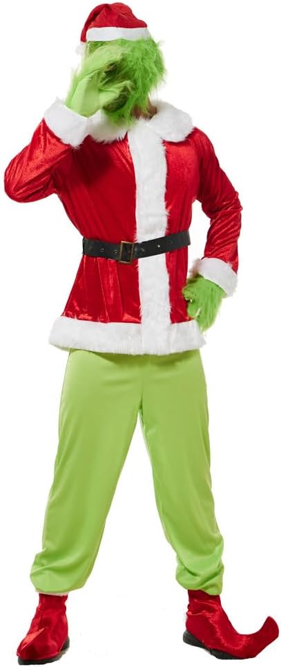 EraSpooky Adult Green Monster Christmas Costume Deluxe Men's Santa Cosplay Holiday Suit