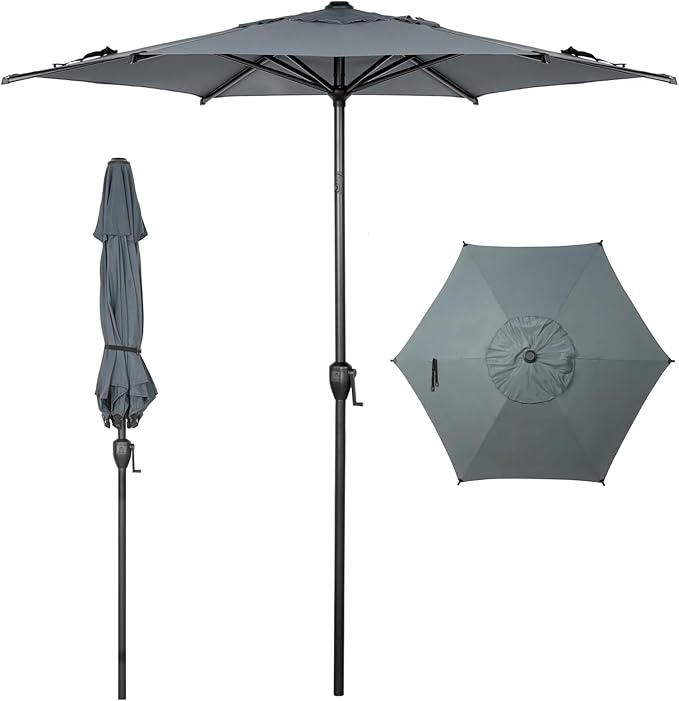 Abba Patio 7.5FT Lyon Outdoor Patio Umbrella Outdoor Table Umbrella with Push Button Tilt and Crank Market Umbrella 6 Sturdy Ribs UV Protection Waterproof for Garden Deck Backyard Pool Grey