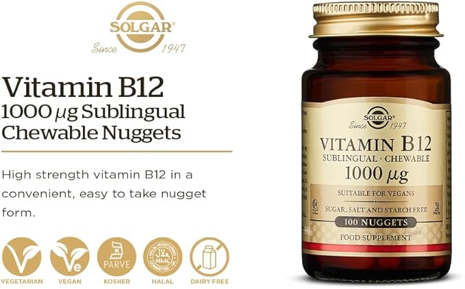 Solgar Vitamin B12 1000 mcg, 250 Nuggets - Supports Production of Energy, Red Blood Cells - Healthy Nervous System - Promotes Cardiovascular Health - Vitamin B - Non-GMO, Gluten Free - 250 Servings