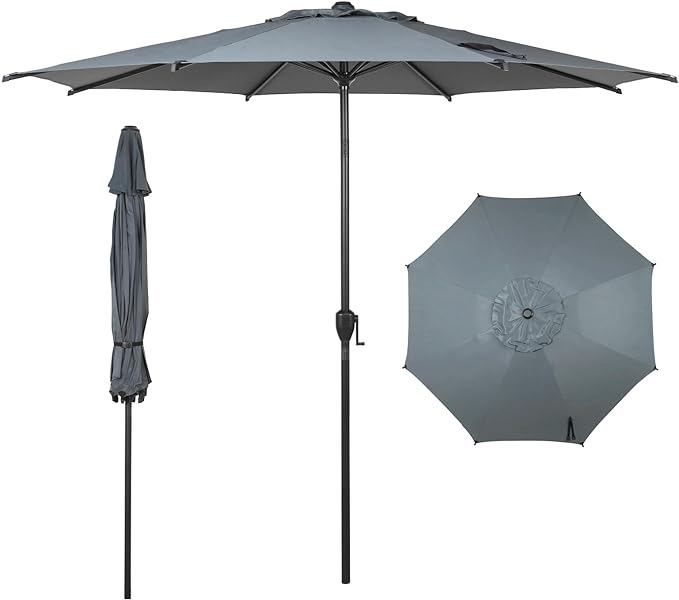 Abba Patio 9FT Lyon Outdoor Patio Umbrella Outdoor Table Umbrella with Push Button Tilt and Crank Market Umbrella 8 Sturdy Ribs UV Protection Waterproof for Garden Deck Backyard Pool Grey