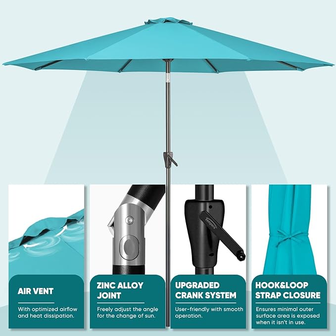 Tempera Patio Market Outdoor Table Umbrella with Push Button Tilt and Crank,Large Sun Umbrella with Sturdy Pole&Fade resistant canopy,Easy to set