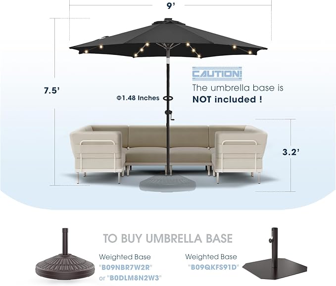 wikiwiki 9ft Solar Led Patio Umbrella, Sturdy Outdoor Market Umbrella for Deck, Pool, Garden w/Tilt, Crank, 32 LED Lights, Black