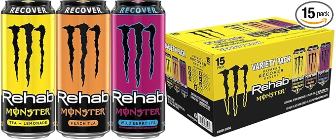 Monster Energy Rehab Tea + Lemonade, Peach Tea, Wild Berry Tea, Variety Pack, Energy Iced Tea,15.5 Ounce (Pack of 15)