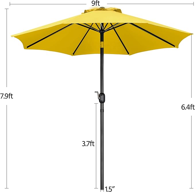 Yaheetech 9' Patio Umbrella, Market Table Umbrella w/8 Sturdy Ribs, Push Button Tilt/Crank,Outdoor Yard Sun Shade for Garden, Backyard and Pool, Yellow
