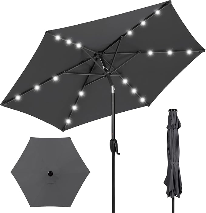 Best Choice Products 7.5ft Outdoor Solar Market Table Patio Umbrella for Deck, Pool w/Tilt, Crank, LED Lights - Gray