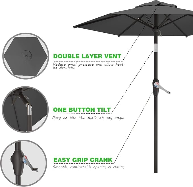 7.5FT Patio Umbrella Table Market Umbrella w/Tilt and Crank Heavy-Duty Round Outdoor Umbrellas for Garden, Deck, Backyard, Pool and Beach, Gray