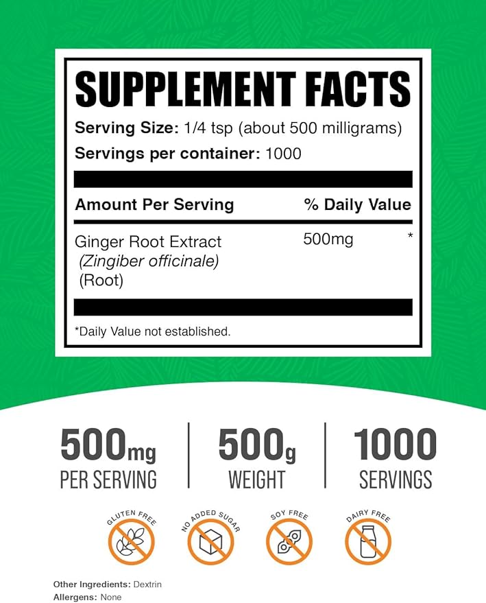 BulkSupplements.com Ginger Root Extract Powder - Ginger Supplement, Ginger Root Powder - Herbal Supplement, Gluten Free, 500mg per Serving, 500g (1.1 lbs) (Pack of 1)