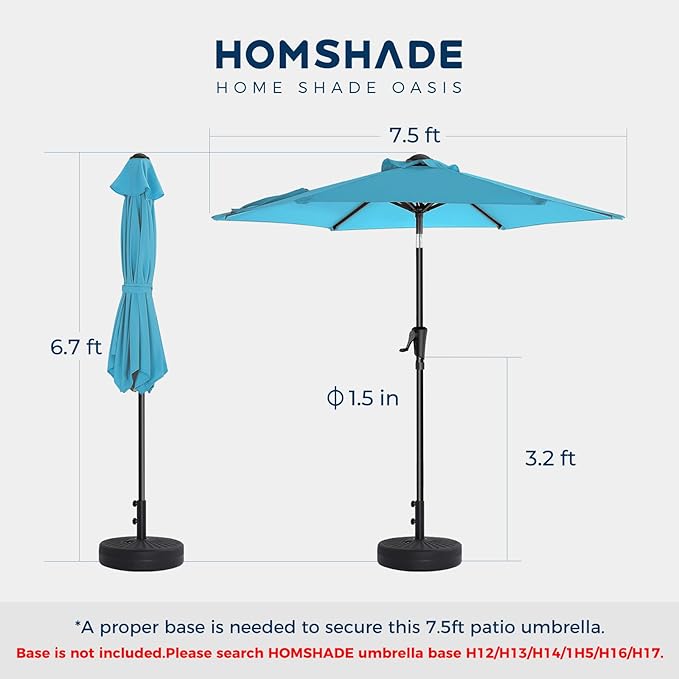 7.5ft Outdoor Patio Umbrella - Market Table Pool Deck Umbrella UPF50+ UV Protection with Push Button Tilt, Crank and 6 Sturdy Ribs (Light Blue, No base)