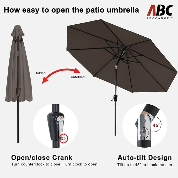 ABCCANOPY 9FT Outdoor Patio Umbrella, 8 Ribs Table Umbrella w/Crank for Easy Set Up, Suitable for Garden, Lawn, Deck & Backyard (Brown)
