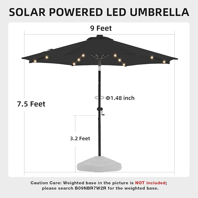 wikiwiki 9ft Solar Led Patio Umbrella, Sturdy Outdoor Market Umbrella for Deck, Pool, Garden w/Tilt, Crank, 32 LED Lights, Carbon Grey