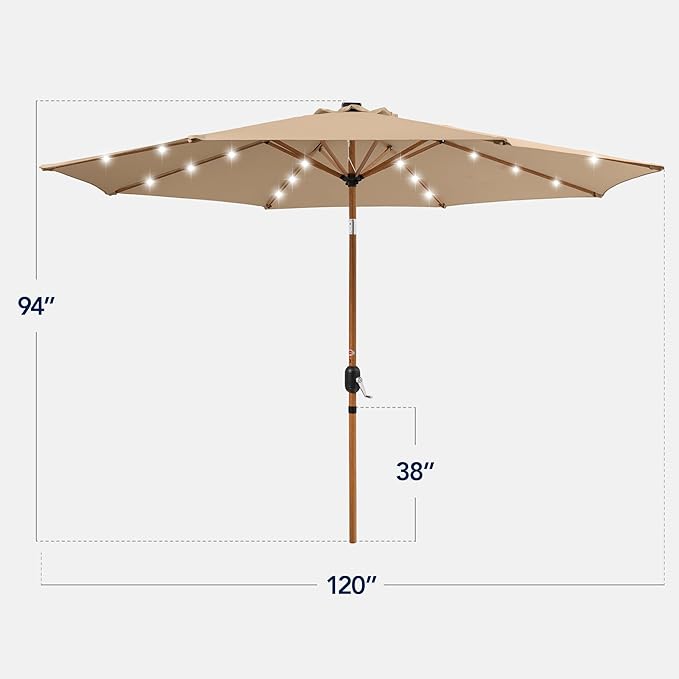 Best Choice Products 10ft Solar Market Patio Umbrella w/Woodgrain Pattern Pole, LED Lights, Tilt & Crank – Outdoor Sun Shade for Backyard Table, Deck, Poolside – Tan
