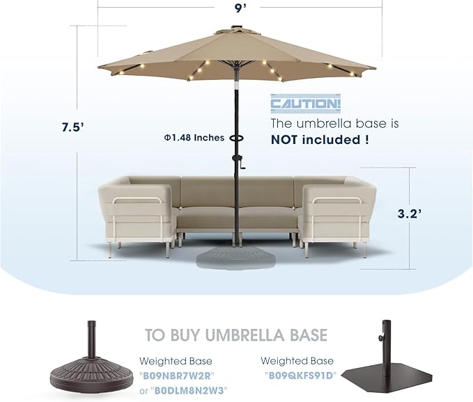 wikiwiki 9ft Solar Led Patio Umbrella, Sturdy Outdoor Market Umbrella for Deck, Pool, Garden w/Tilt, Crank, 32 LED Lights, Tan