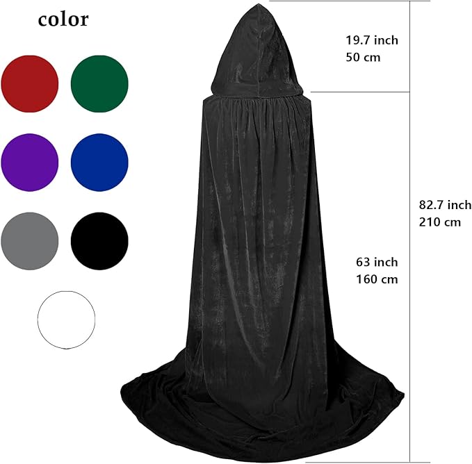 Unisex Adult Black Witch Cape Full Length Hooded Robe Cloak Halloween Dress Up Parties