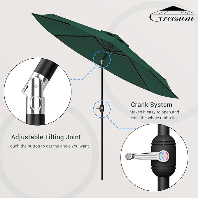 Greesum 9FT Patio Umbrella with Push Button Tilt and Crank, Outdoor Table Umbrella with 8 Sturdy Ribs, Market Table Parasol for Garden, Lawn, Backyard & Pool, Without Base, Green