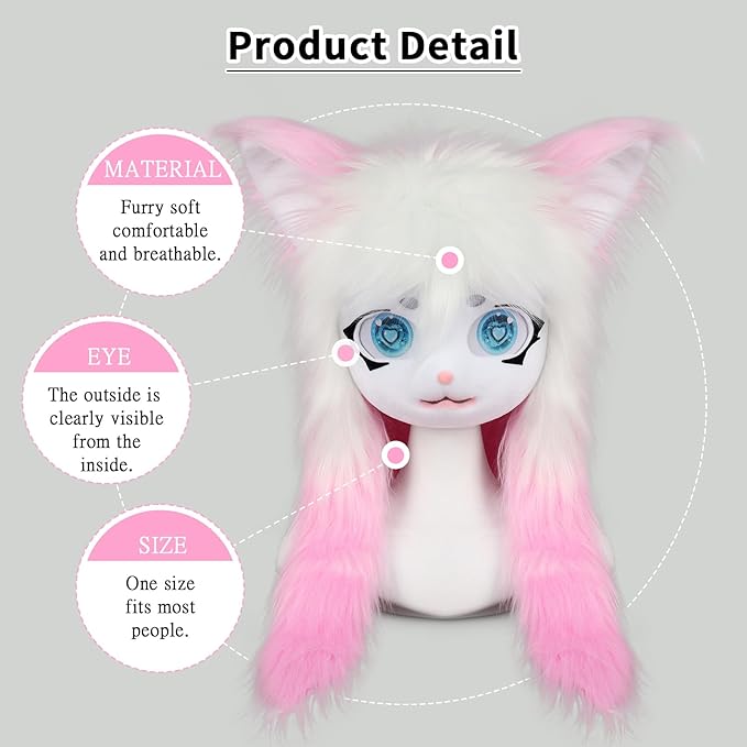 JUNBOON Furry Animal Headgear Beast Full Head Mask Headwear Doll Cosplay Costume Halloween Fursuit