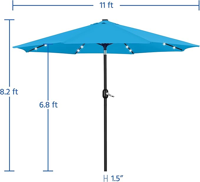 Yaheetech 11FT Solar Powered Umbrella Outdoor Patio Umbrella with 32 LED Lights and 8 Ribs - UV Protection Table Sunshade for Pool, Deck, Yard, Sky Blue