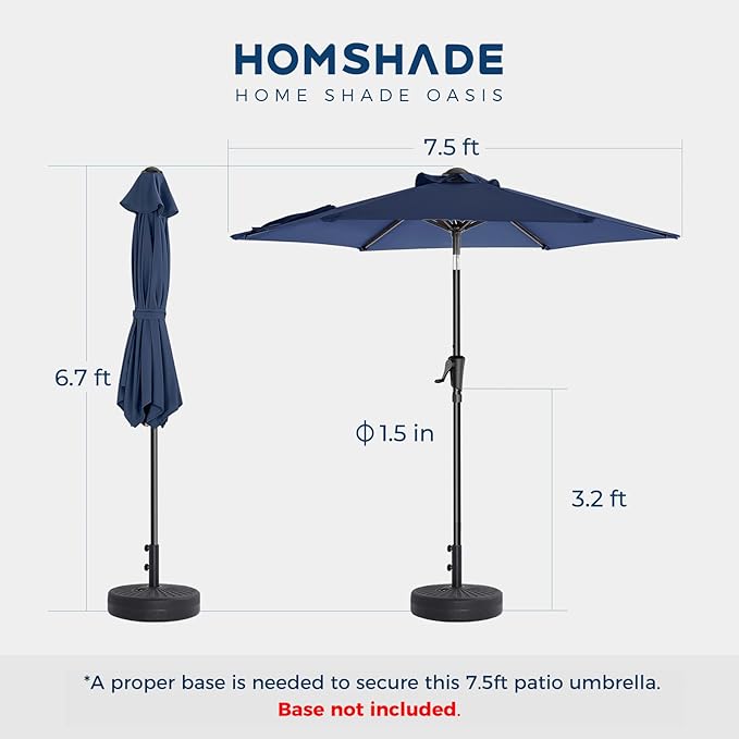 7.5ft Outdoor Patio Umbrella - Market Table Pool Deck Umbrella UPF50+ UV Protection with Push Button Tilt, Crank and 6 Sturdy Ribs (Navy Blue, No base)