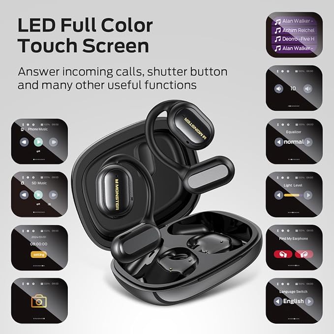 Monster Open Touch Pro 100 Wireless Earbuds With Touch Screen, TF Card Support, ENC Clear Talk, Multiple EQ Modes, Comfort Earhooks, IPX5, 30H Playback