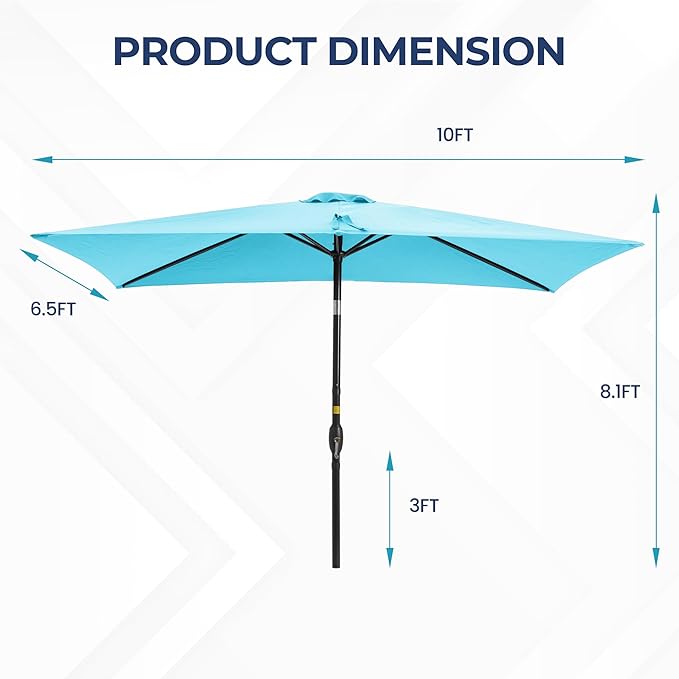 SUNVIVI OUTDOOR Patio Umbrella, 6.5' x 10' Rectangular Patio Umbrella, Metal Pole Square Outdoor Umbrella with Crank and Push Button Tilt, 6 Steel Ribs, Polyester Canopy