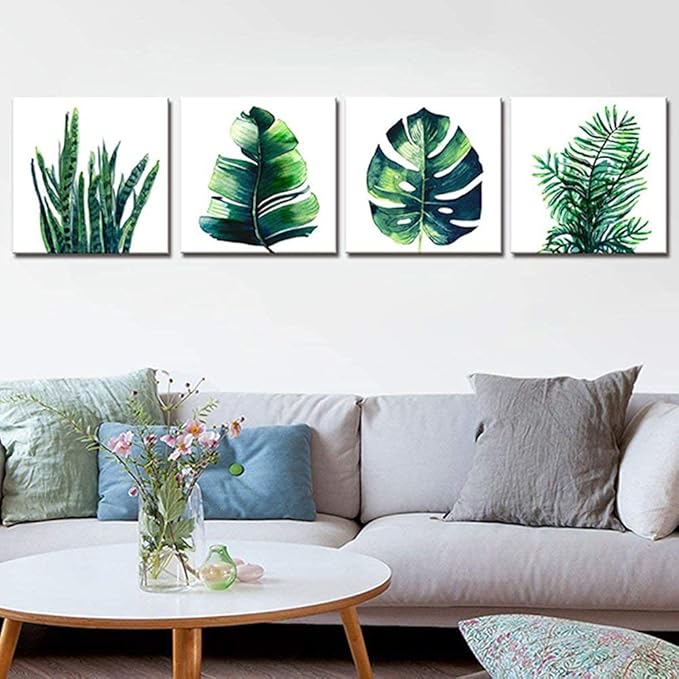 Tropical Plant Wall Art Boho Bathroom Decor Green Monstera Canvas Prints Bedroom Painting Botanical Posters for Kitchen Living Room Home Decorations Leaf Pictures Minimalist Artwork 16×16" 4Pcs/Set