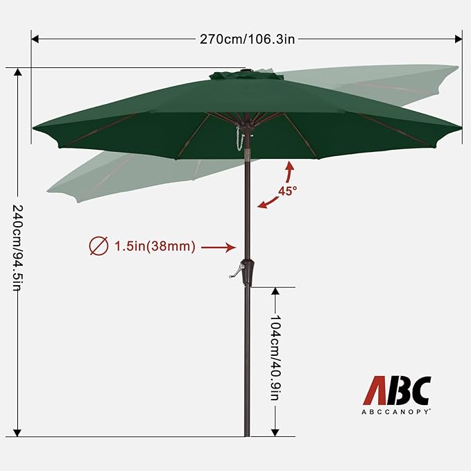 ABCCANOPY 9FT Outdoor Patio Umbrella, 8 Ribs Table Umbrella w/Crank for Easy Set Up, Suitable for Garden, Lawn, Deck & Backyard (Forest Green)