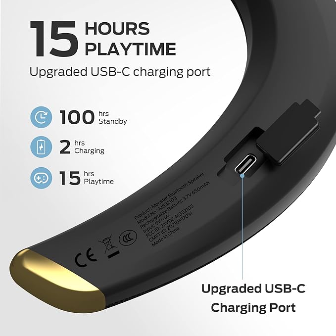 Monster Boomerang Petite Neckband Bluetooth Speakers, Neck Speaker with 15H Playtime, aptX High Fidelity 3D Stereo Sound, Low Latency, Built-in Mic, IPX5 Waterproof Wearable for Home Outdoor