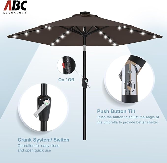 ABCCANOPY Durable Solar Led Patio Umbrellas with 24LED Lights 7.5FT with 6 Sturdy Ribs (True Brown)