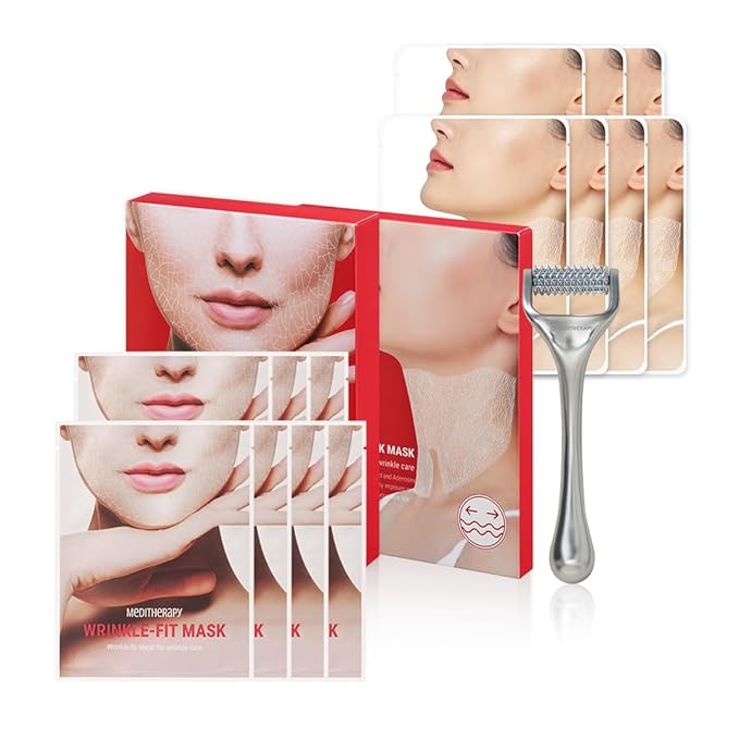 MEDITHERAPY Wrinkle-fit Face Mask & Wrinkle-fit Neck Mask + Facial Roller - Neck Wrinkle Patches, Neck Firming and Tightening Korean Deep Collagen Mask - Mesh Sheet Mask for Lifting Sagging Skin