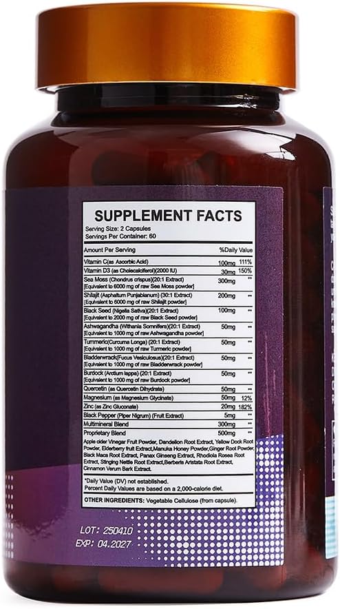25-in-1 Sea Moss Capsules – Irish Sea Moss Black Seed Oil Ashwagandha Shilajit Ginger Turmeric Vitamin C & D3 Immune Gut, Energy Support – 120 Vegan Capsules
