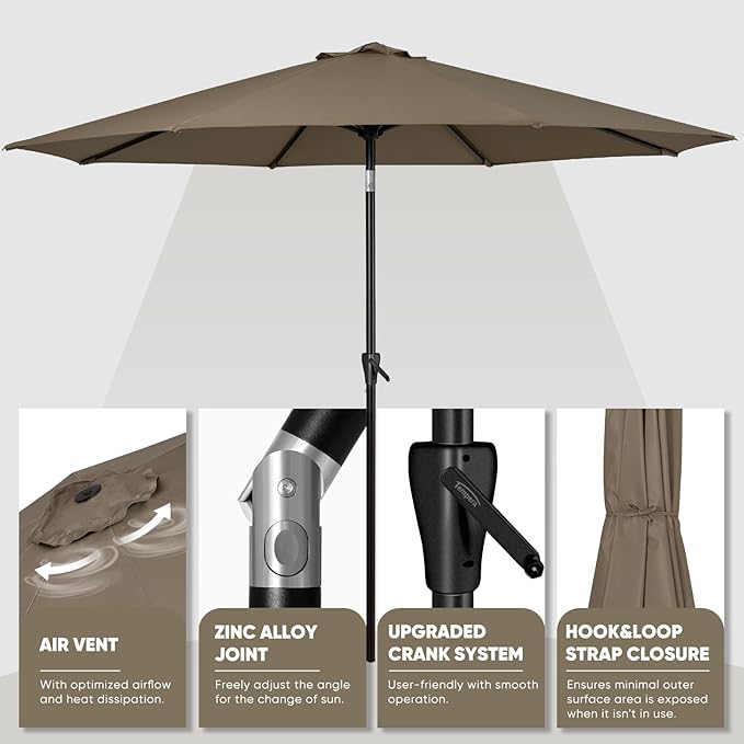Tempera Patio Market Outdoor Table Umbrella with Push Button Tilt and Crank,Large Sun Umbrella with Sturdy Pole&Fade resistant canopy,Easy to set
