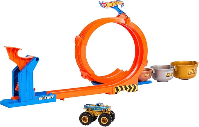 Hot Wheels Monster Trucks Toy Truck & Track Set, Loop-and-Flip Trophy Challenge Playset & 1:64 Scale 50th Anniversary Die-Cast Bigfoot, 2 Ways to Play