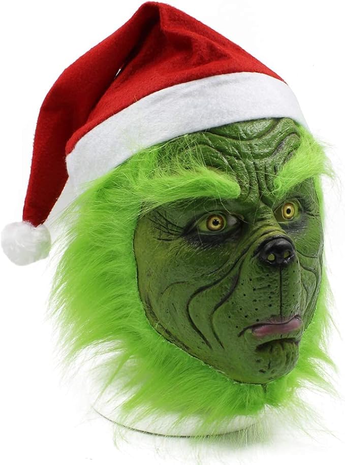 CAFELE Christmas Mask with Red Hat Green Monster Halloween Christmas Party Cosplay Costume for Men Women