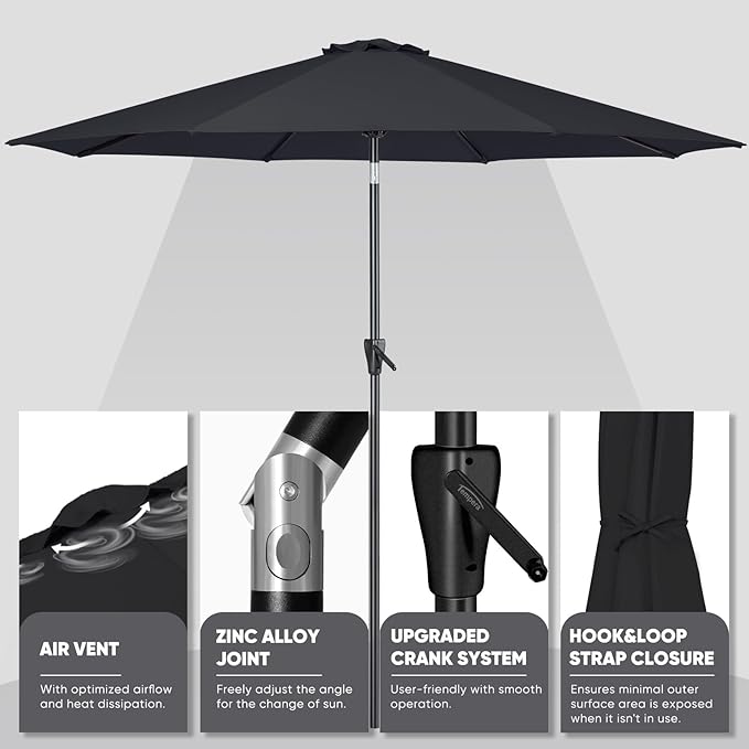 Tempera Patio Market Outdoor Table Umbrella with Push Button Tilt and Crank,Large Sun Umbrella with Sturdy Pole&Fade resistant canopy,Easy to set